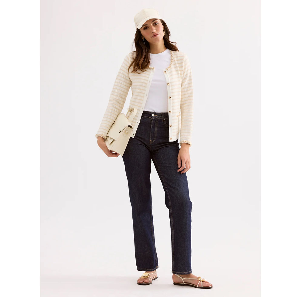 Thumbnail: LEO & UGO Cream/Beige Striped Cardigan with Gold Jewel Details