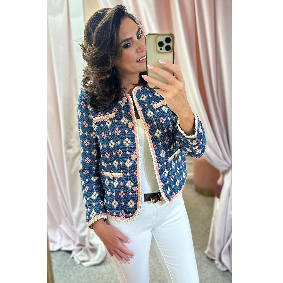 Thumbnail: LEO & UGO Denim Blue & Pink Geo Print Tweed Jacket