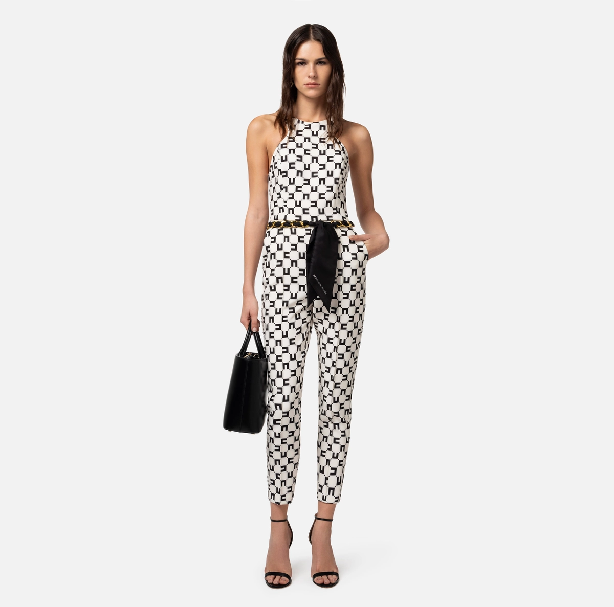 Elisabetta Franchi Jumpsuit in double layer crêpe fabric with logo print and cha