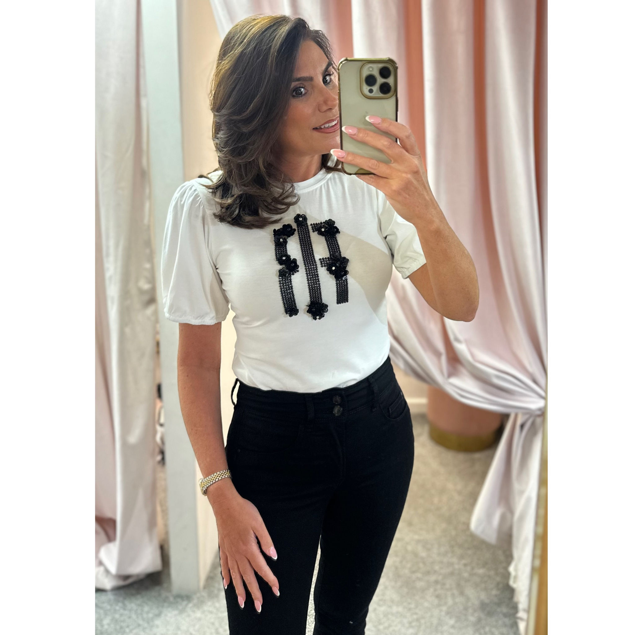 Fracomina White Embellished Tee with balloon sleeves