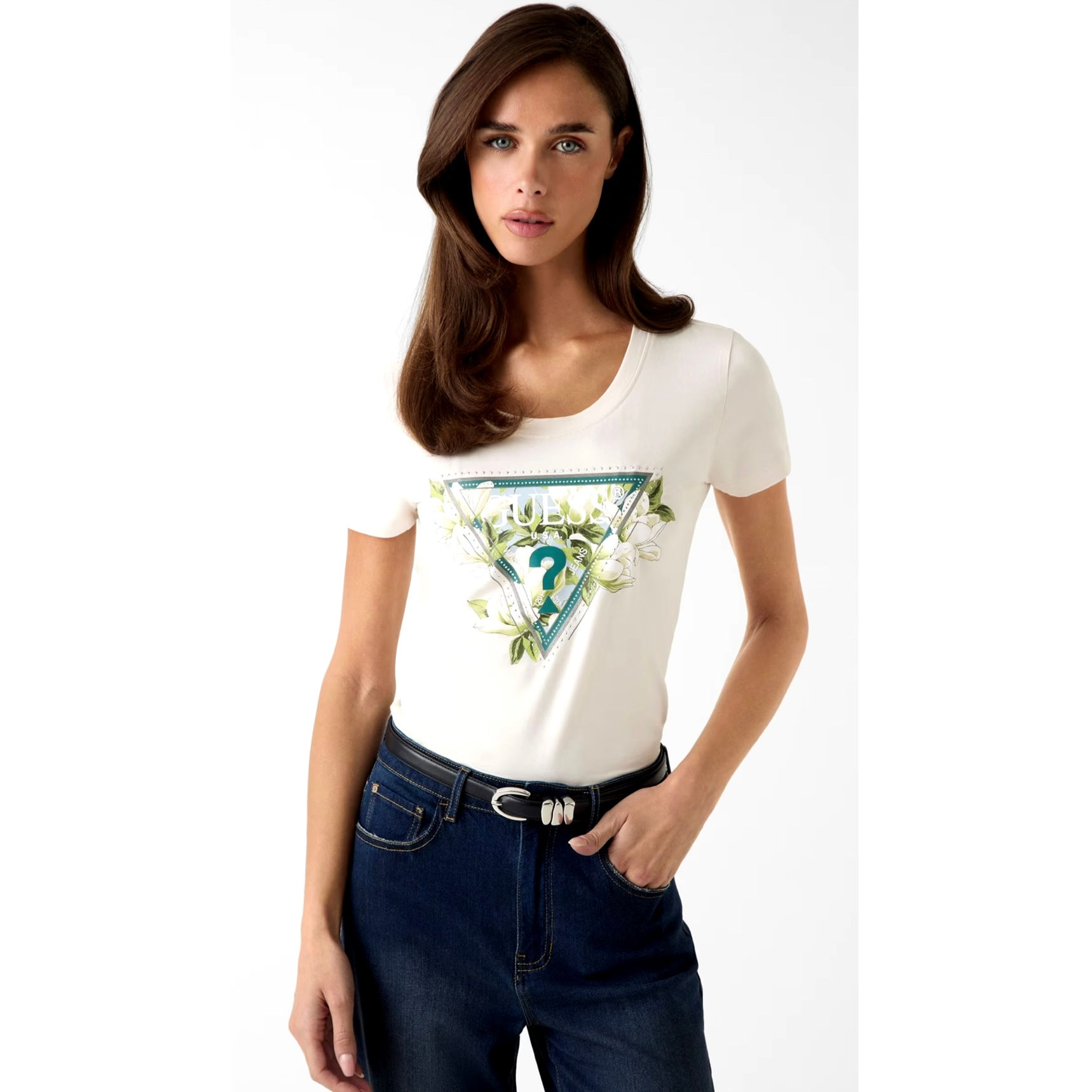 GUESS Cream Floral Embellished Logo Tee