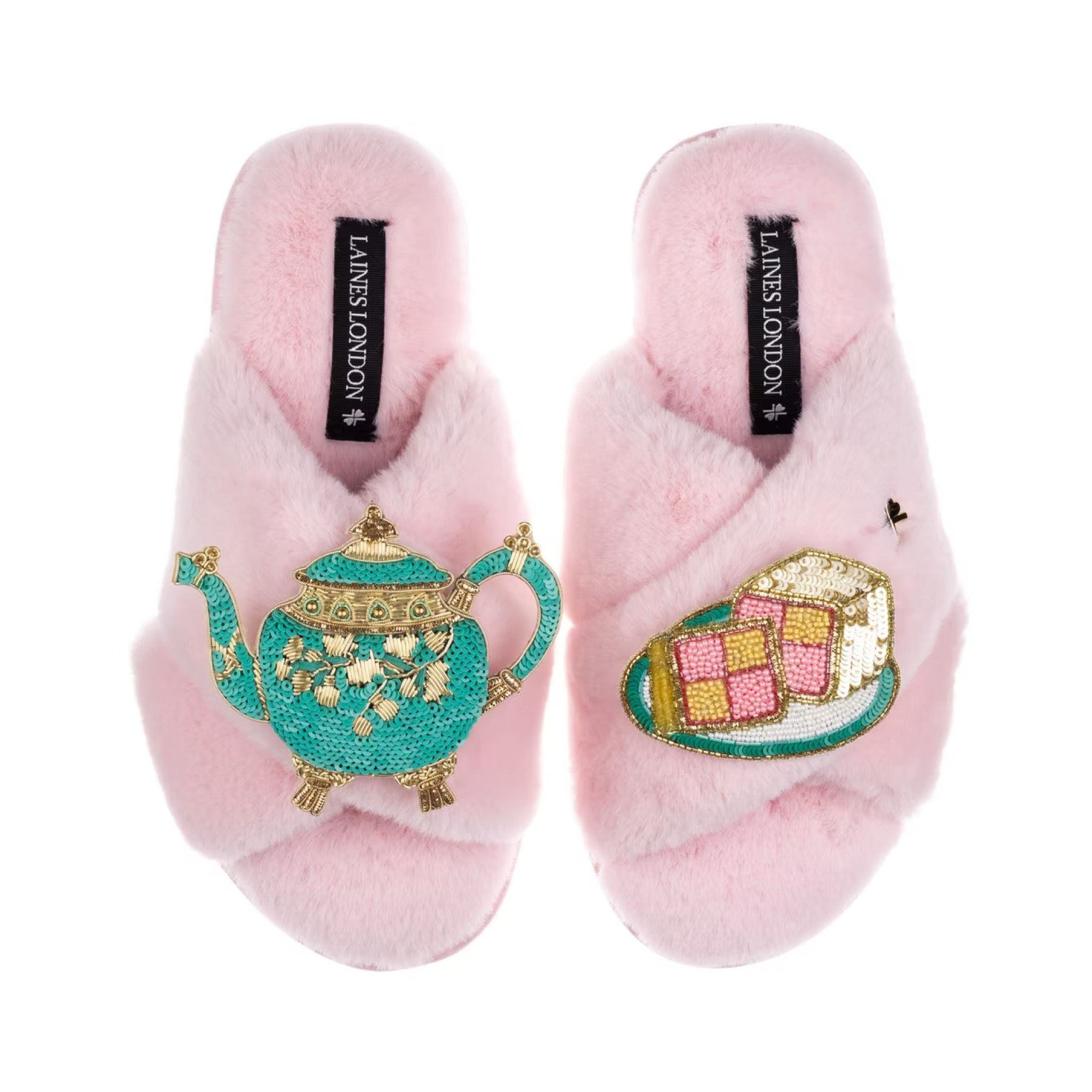 Laines X Juliet Pink Slipper with Tea & Battenberg Cake Brooches