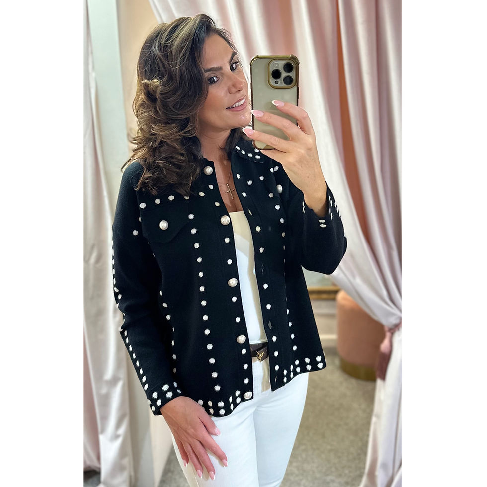 Thumbnail: LEO & UGO Black & White Pearl Button Polka Dot Knit Jacket