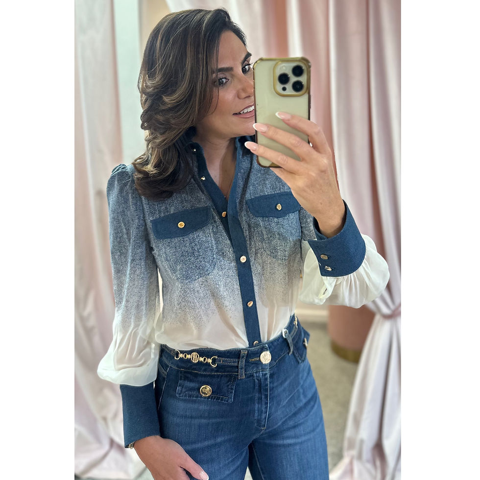 Thumbnail: Fracomina Denim & Cream Balloon Sleeve Blouse