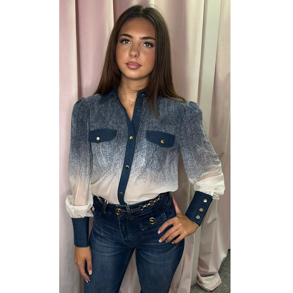 Thumbnail: Fracomina Denim & Cream Balloon Sleeve Blouse