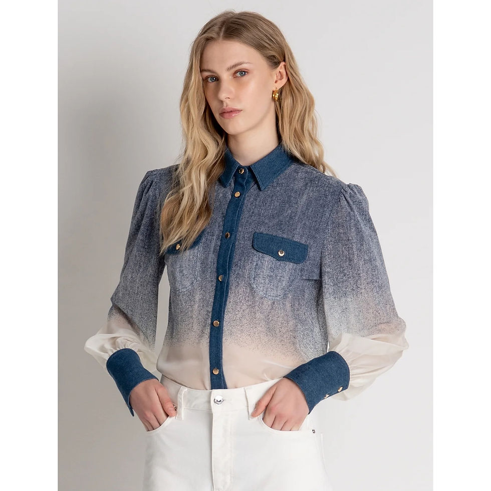Thumbnail: Fracomina Denim & Cream Balloon Sleeve Blouse