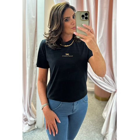 関税込◆ELISABETTA FRANCHI◆チャーム付き コットン Tシャツ Elisabetta Franchi Black Necklace T-shirt | Lace Boutique