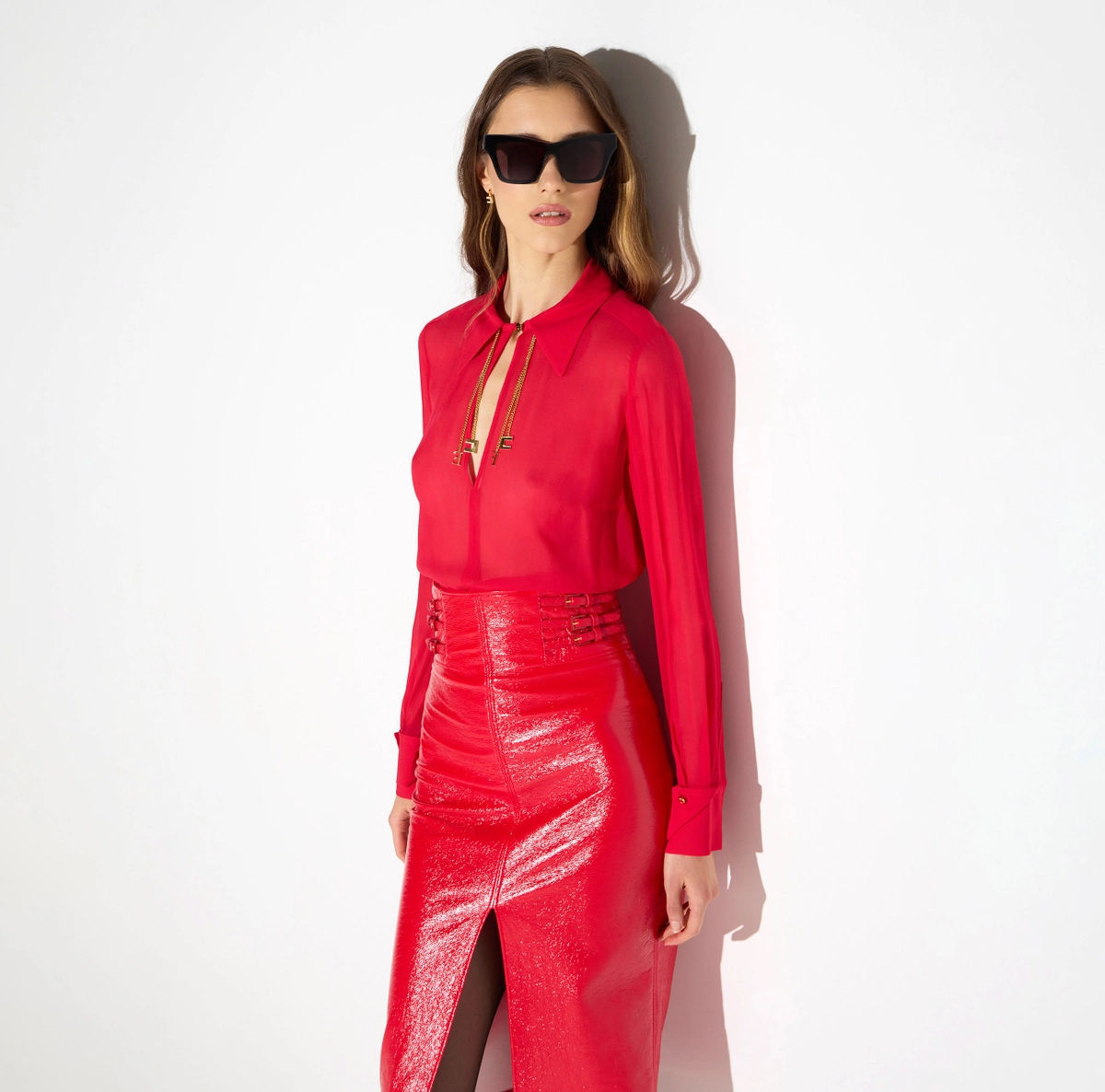 Elisabetta Franchi Red Blouse in georgette fabric with jewel logos