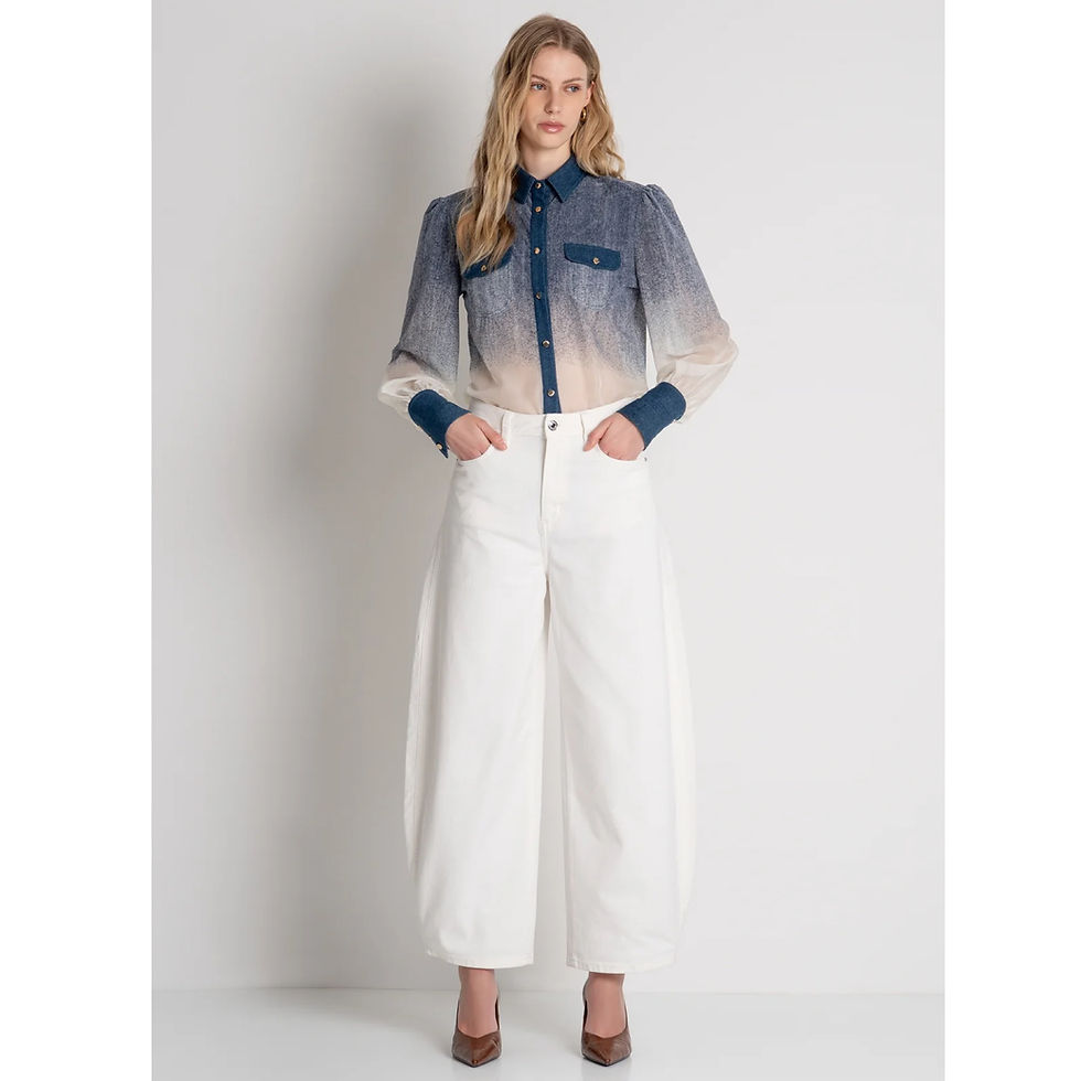 Thumbnail: Fracomina Denim & Cream Balloon Sleeve Blouse