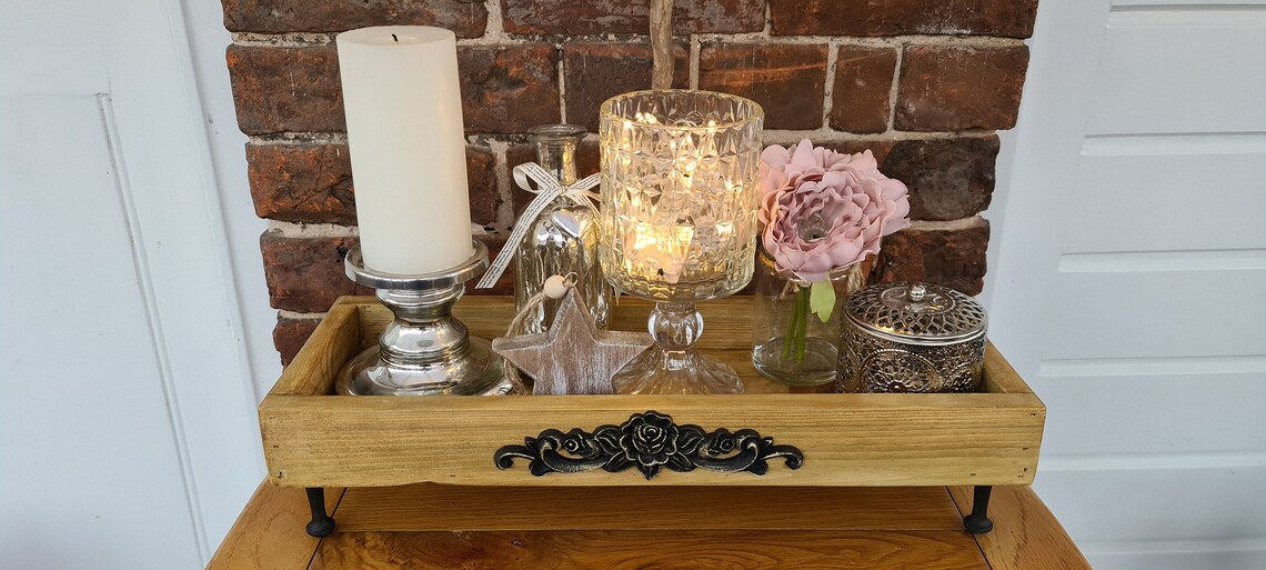 Rustic wooden decorative display tray in waxed finish. Dual faced. MADE TO ORDER