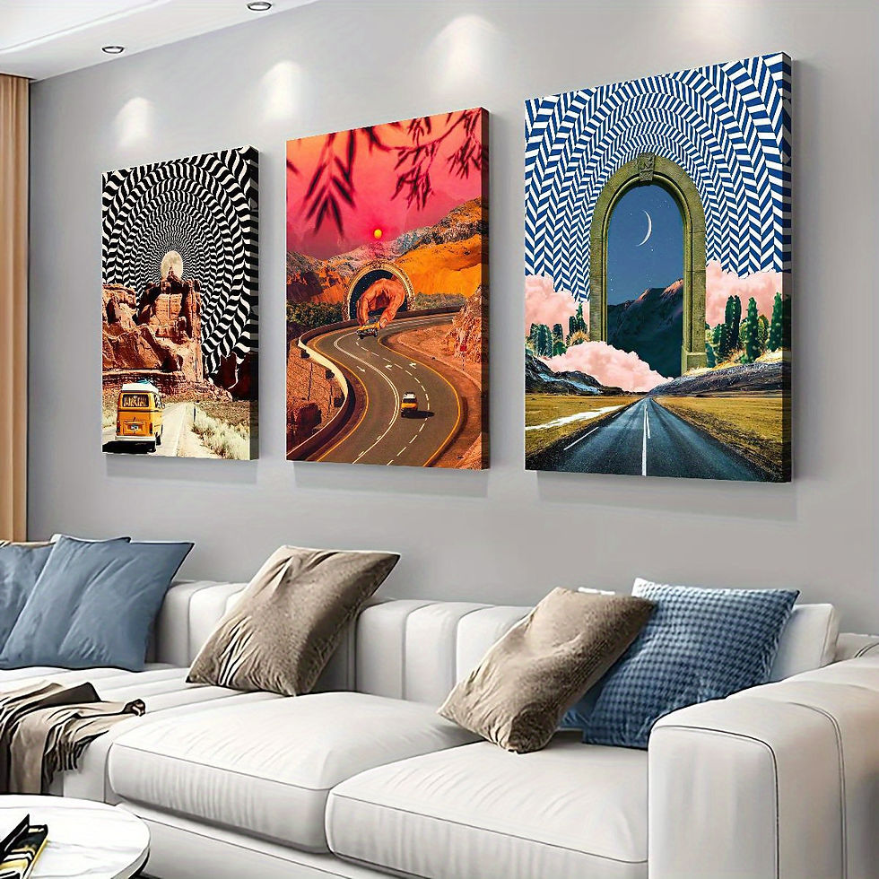 Modern 3-Piece Waterproof Canvas Wall Art Set - Surreal Road Trip Design