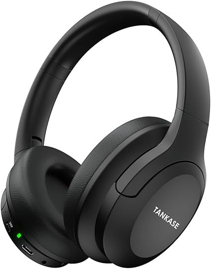 Black over-ear headphones with the brand name "TANKASE." USB port and indicator lights visible. Sleek design on a white background.