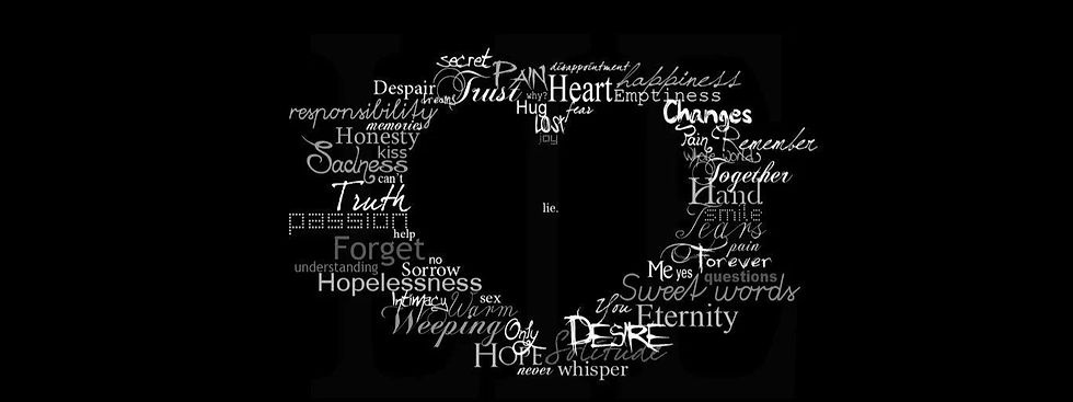 Words in various fonts form a heart shape on a black background, featuring emotions like "Sadness," "Pain," "Hope," and "Desire."