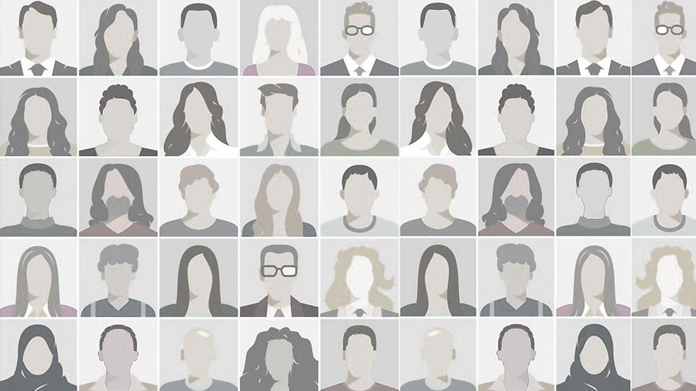 Grid of illustrated faceless portraits showing diverse hairstyles and attire. Gray and muted tones dominate the background. No text.