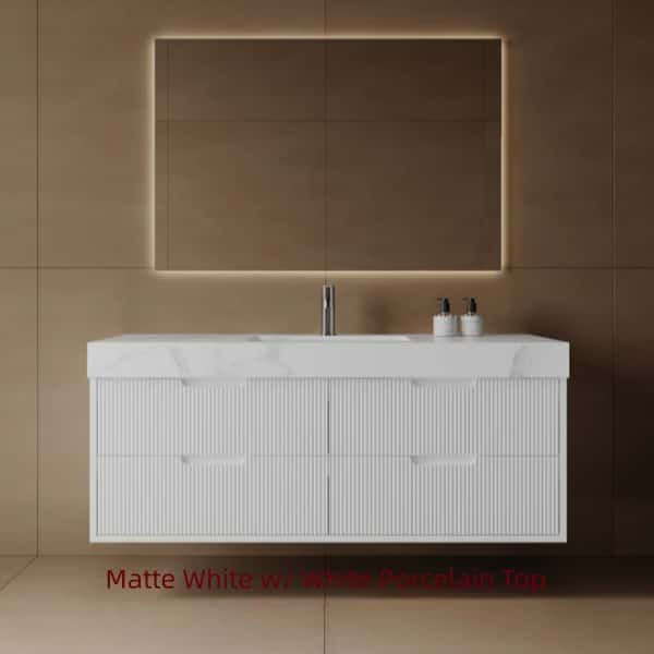 Thumbnail: 55 Inch Wall-Mounted Fluted Vanity w/Porcelain Top, Various Colors