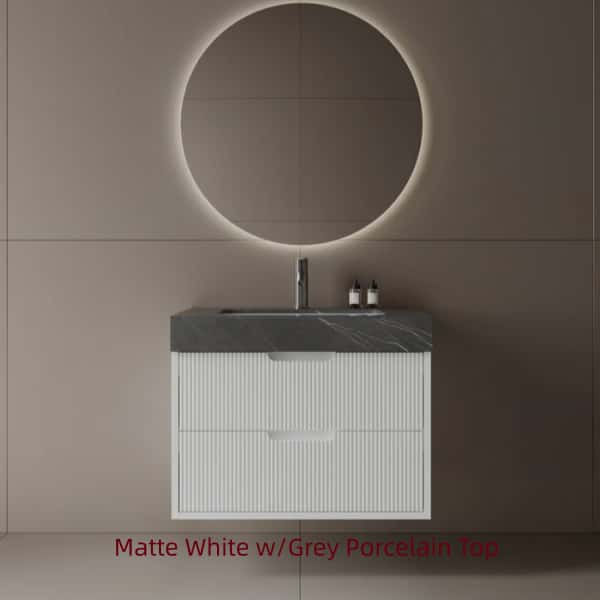 BMC750MF - 30 Inch Wall-Mounted Fluted Vanity w/Porcelain Top, Various Colors