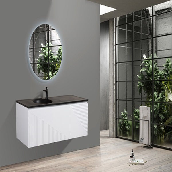 Thumbnail: Simon 53 Inch Black and White Floating Vanity with Matte Black Sand Quartz Sink
