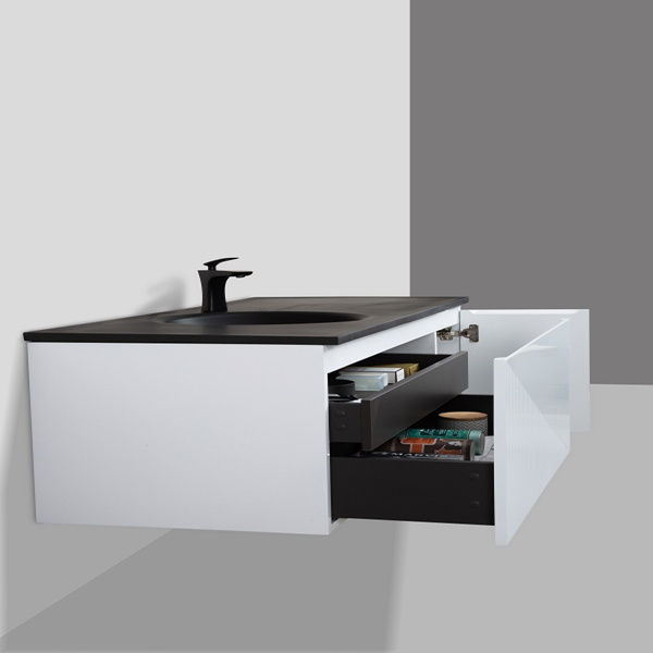 Thumbnail: Simon 48 Inch Black and White Floating Vanity with Matte Black Sand Quartz Sink