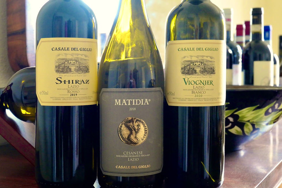 Casale del Giglio bottles of Matidia, Shiraz and Viognier