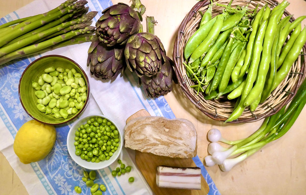 ingredients for Garmugia, fava beans, peas, artichokes, asparagus, pancetta, green onions