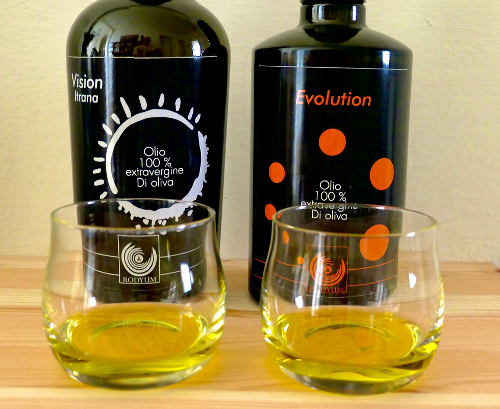 Rodyum olive oil bottles Vision and Evolution and tasting glasses