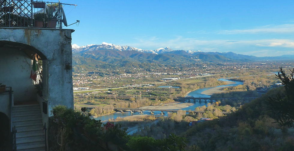 The Colli di Luni foothills and the Magra river looking south from Vezzano Ligure