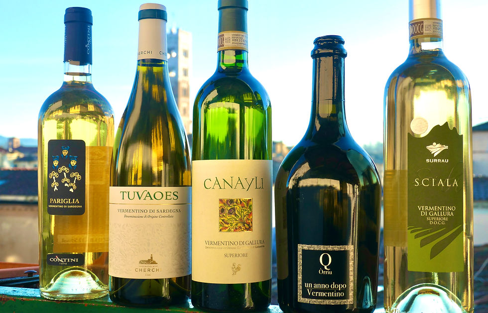 bottles of Sardinia vermentino, including Pariglia, Tuvaoes, Canayli, Sciala, Un anno dopo
