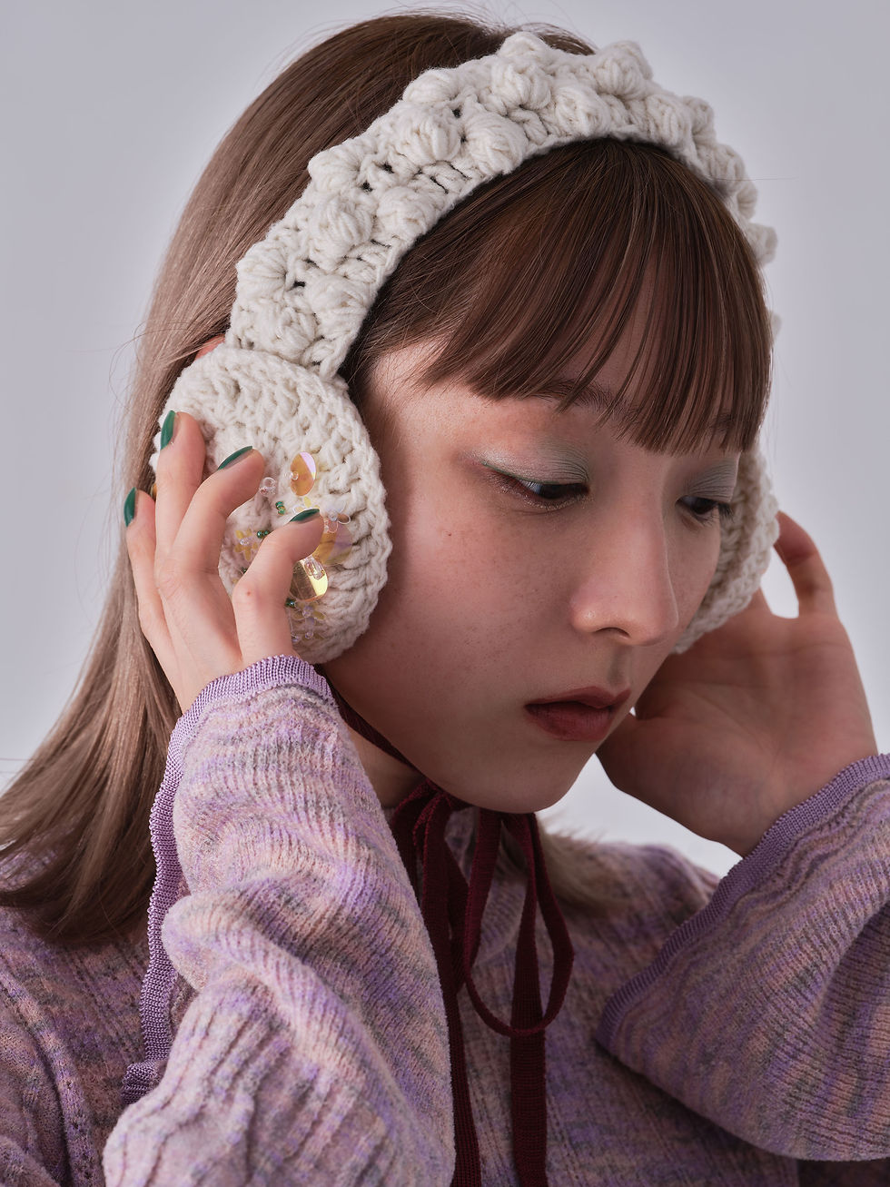 Thumbnail: Bead Embroidery Hand Knitted Earmuffs - white【7th】