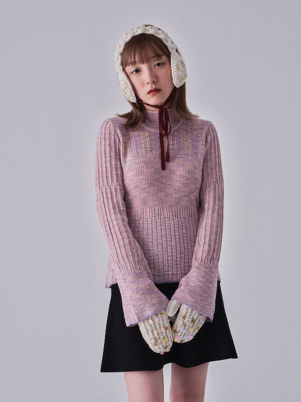 Thumbnail: Bead Embroidery Hand Knitted Gloves - white【7th】