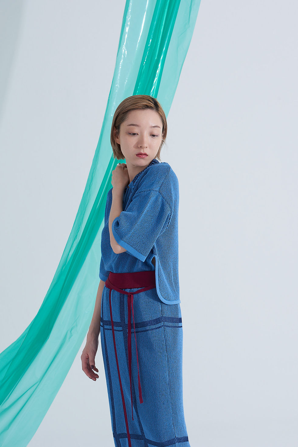 Thumbnail: Washi Knit Polo Blouse - Blue【6th】