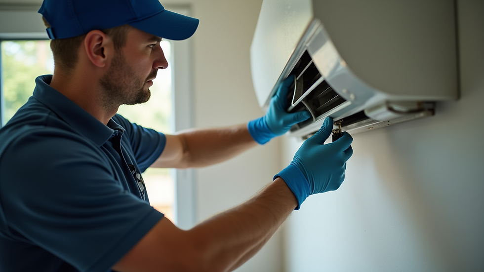 Close-up view of a technician repairing an air conditioning unit inside a home