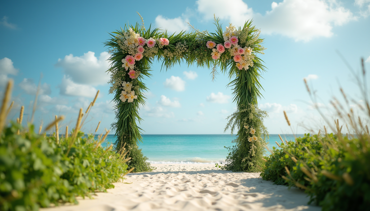 Eye-level view of a tropical beach wedding arch decorated with natural greenery and flowers