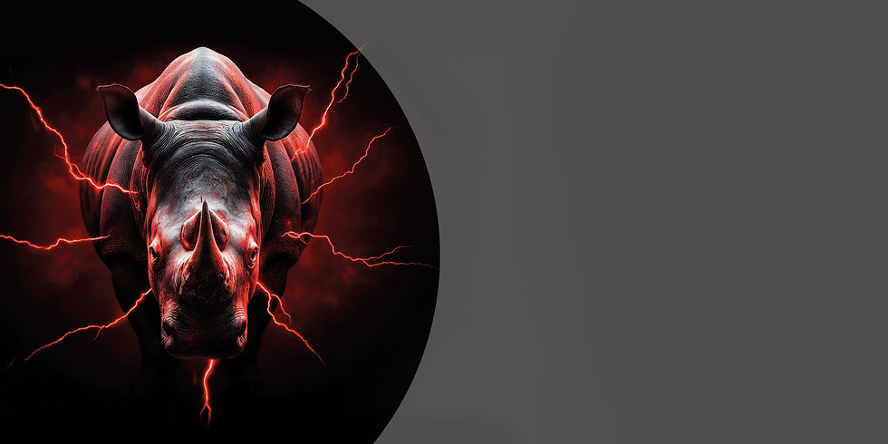 Nashorn in Rot/Schwarz mit Energieblitzen am Körper