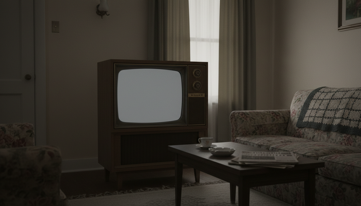 Eye-level view of a vintage television set showing a blank grey screen in a dim living room.