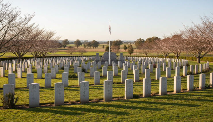 Wide-angle view of a quiet Japanese war cemetery in Cowra.