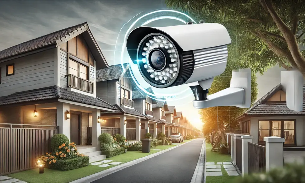 Wide-angle security camera monitoring the surroundings of a home, including the front yard, driveway, and back garden to prevent intrusions.
