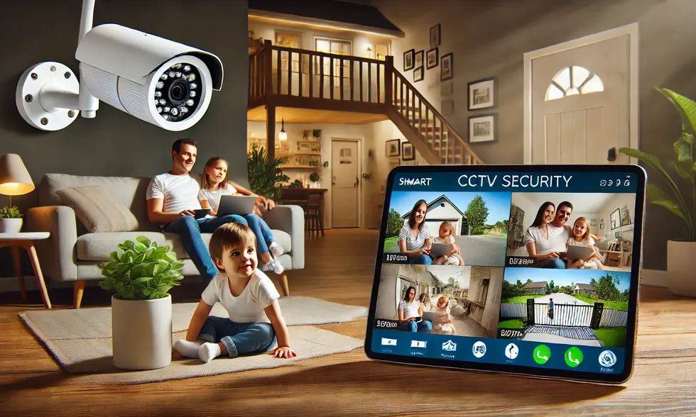 Live CCTV camera feed showing a parent monitoring their child playing safely in the living room via a smartphone.