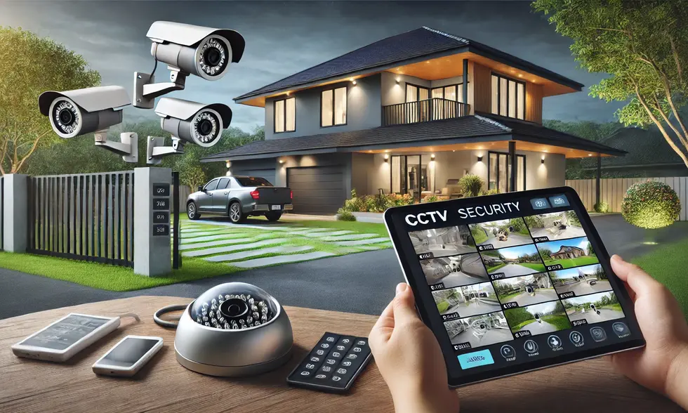Modern home equipped with outdoor security cameras monitoring the driveway, entrance, and backyard for 24/7 protection.