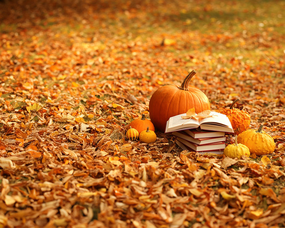 Photo of a pumpkin with a stack of books next to it on the ground with autumn leaves scattered around