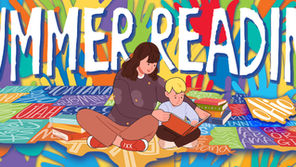 Woman and child reading books on colorful, painted ground with state names. "SUMMER READING" text above. Bright, playful atmosphere.