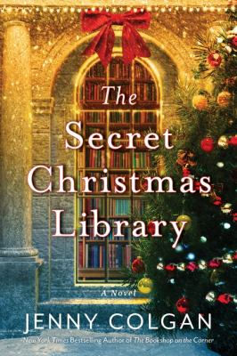 Festive book cover with a decorated Christmas tree, ornate arched library shelves, and text: The Secret Christmas Library by Jenny Colgan.