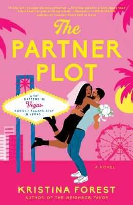 A couple embraces under pink palm trees at sunset. The text reads "The Partner Plot" and "Kristina Forest." A Ferris wheel is in the background.