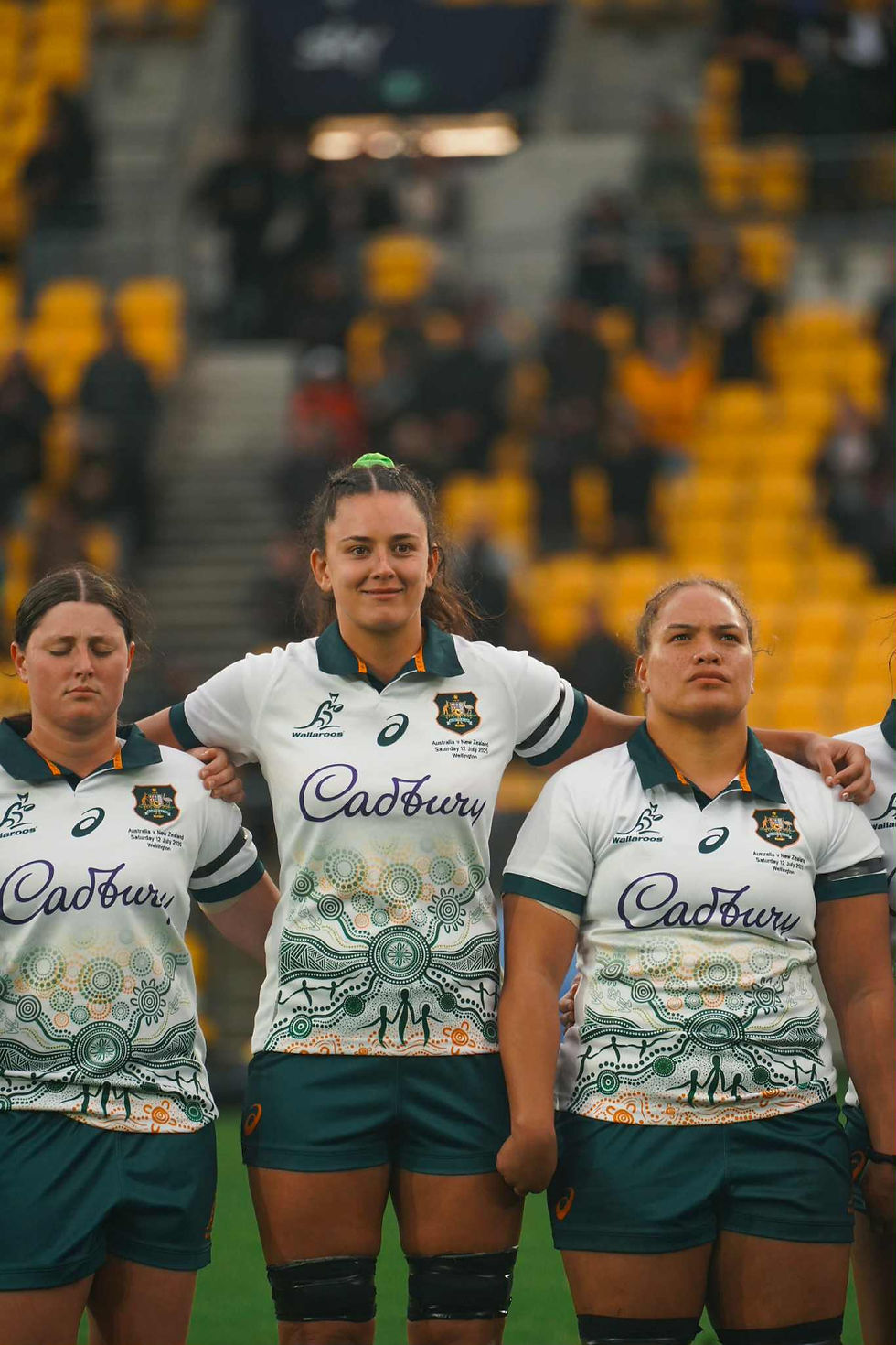 Annabelle Codey during the National Anthem, Wallaroos v Black Ferns