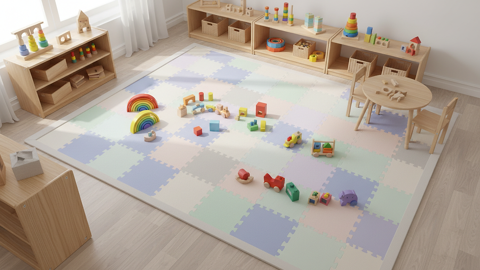 Vista cenital de alfombra infantil colorida y acolchada en sala de juegos
