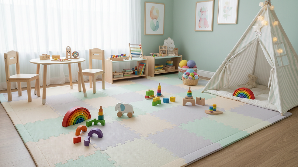 Eye-level view of a cozy children's room with mint and pink padded play mat