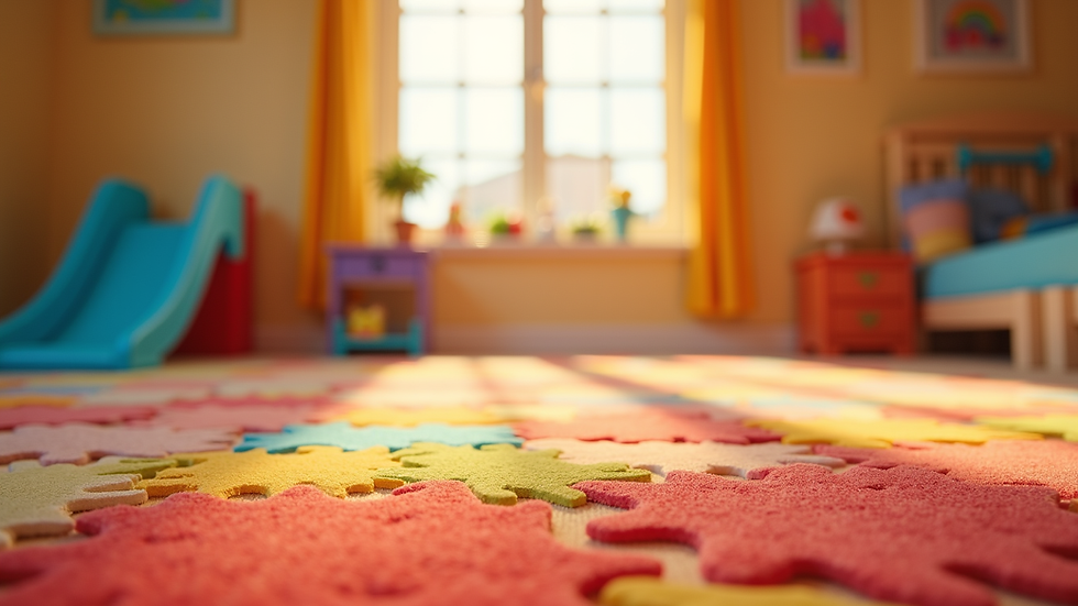 Vista a nivel de suelo de una alfombra de juego infantil colorida y segura