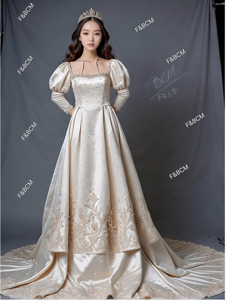 Italian satin dress with French lace and pearl applications, puff sleeves