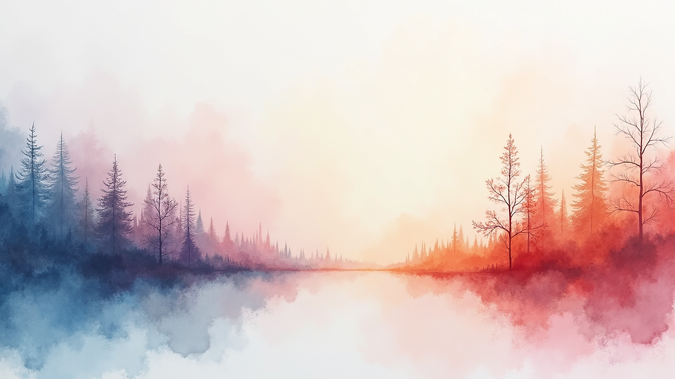 Close-up view of a watercolor landscape painting with soft colors
