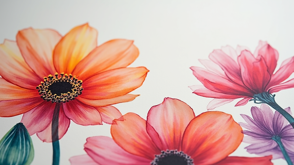 Close-up view of a vibrant watercolor painting of flowers by Peter Freeborn