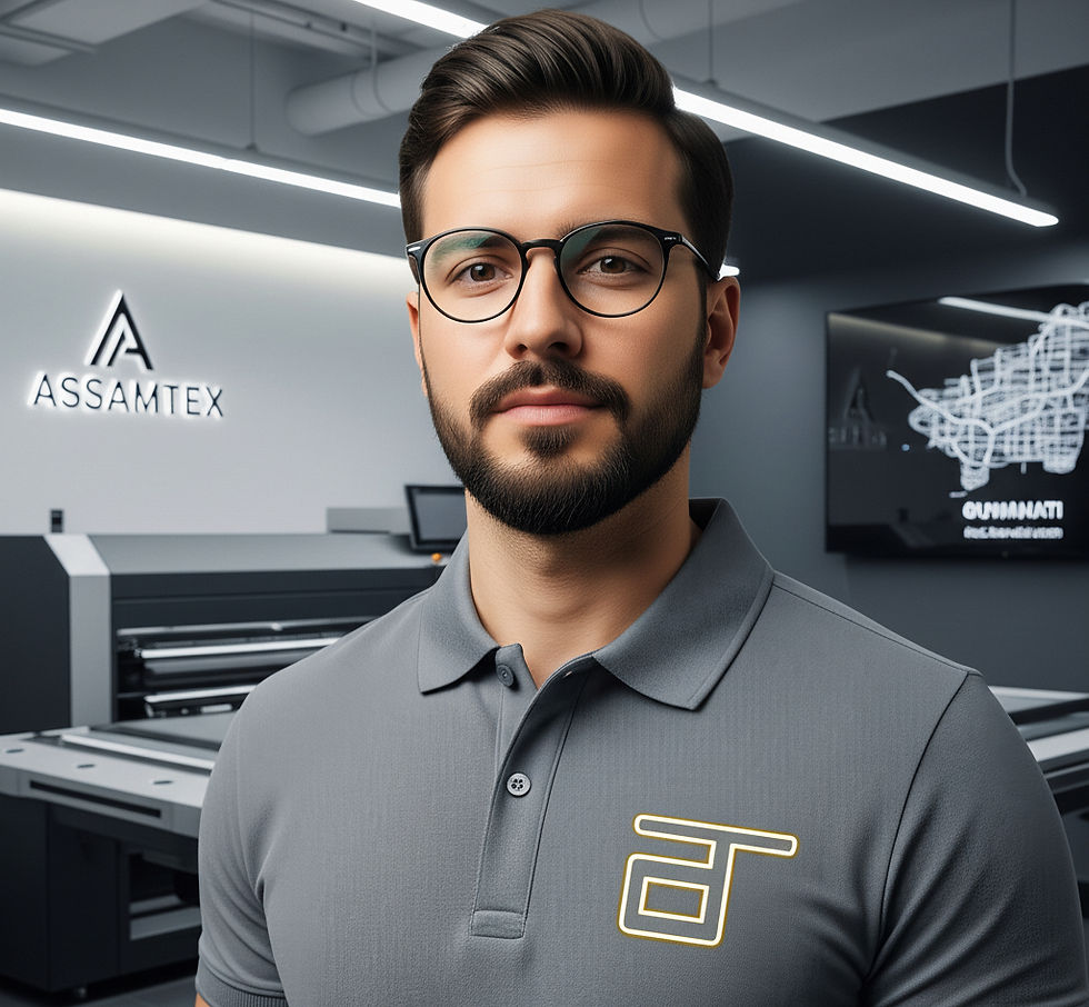 Man in a custom Assamtex polo tshirt with logo, showcasing quality custom apparel from our Guwahati tshirt printing facility.